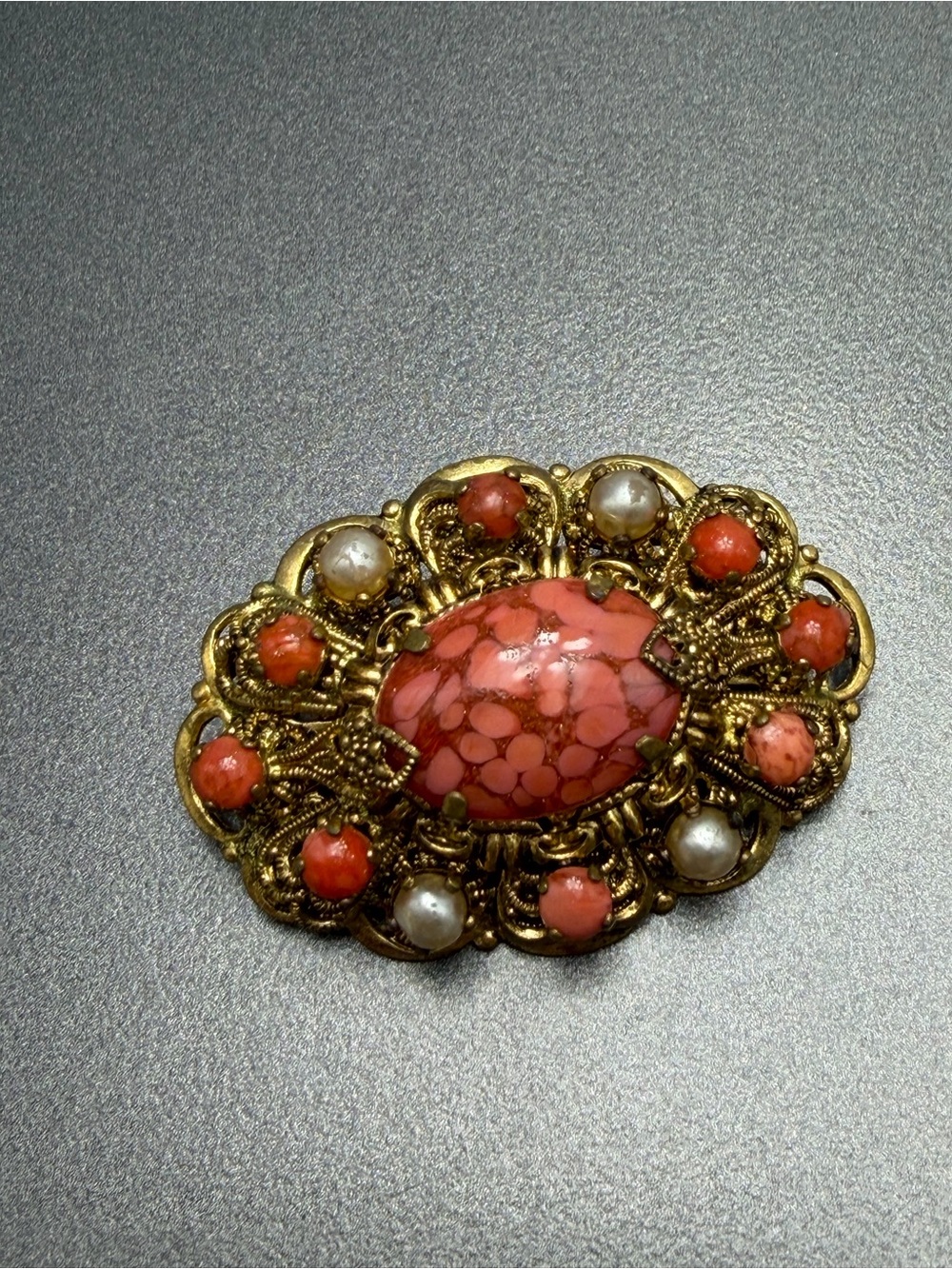 Vintage Czech Glass Coral and Pearl Filigree Brooch #cz95